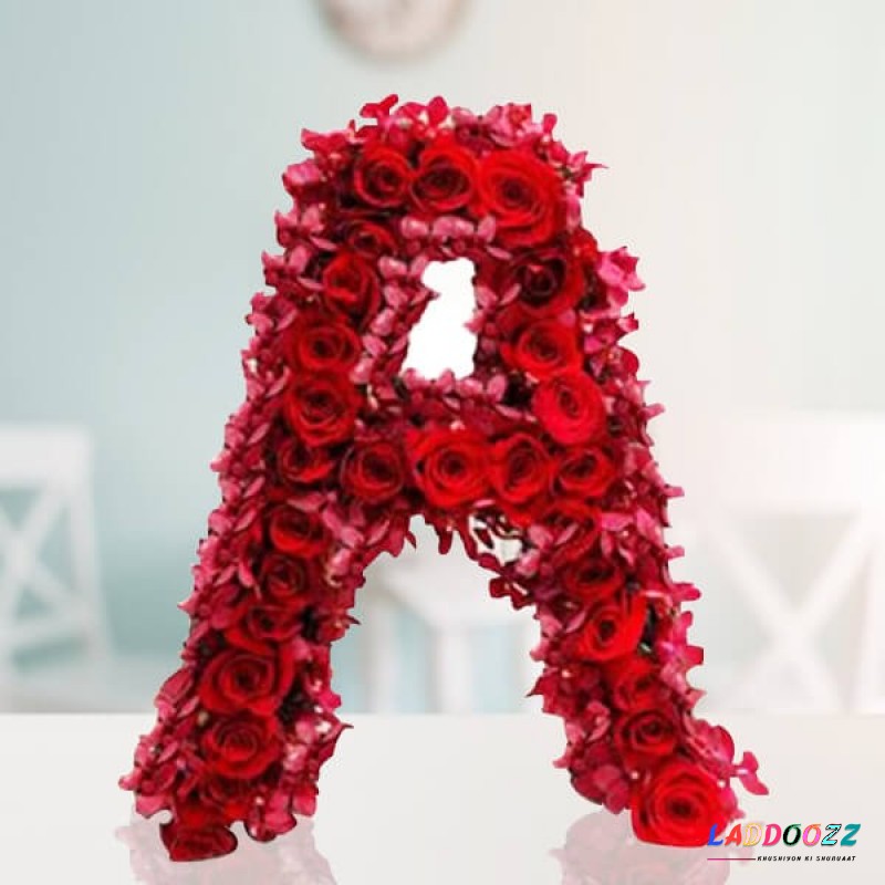 Alphabet flower 60 Red Roses with 15 Pink or Purple Orchid