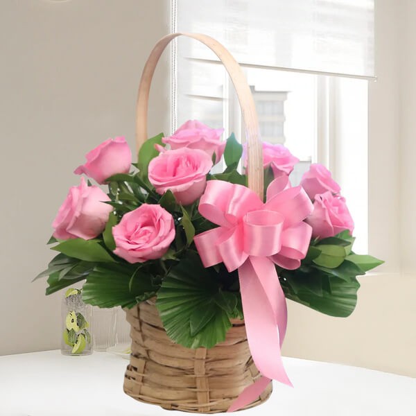 Fresh Flower Pink Roses Basket 