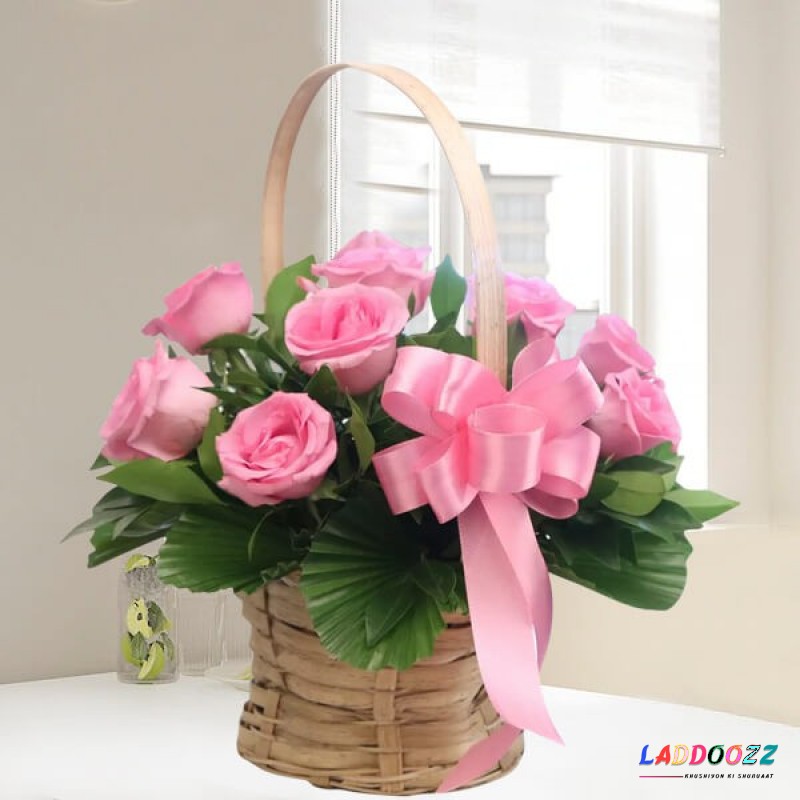 Fresh Flower Pink Roses Basket 