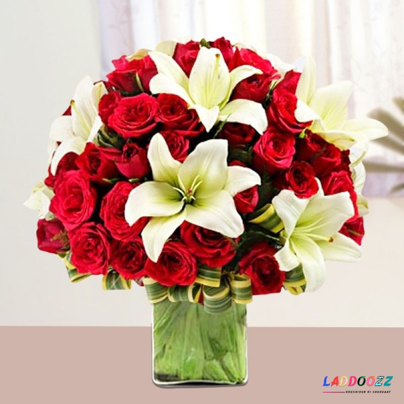 30 Red Roses and 8 White Asiatic Lilies